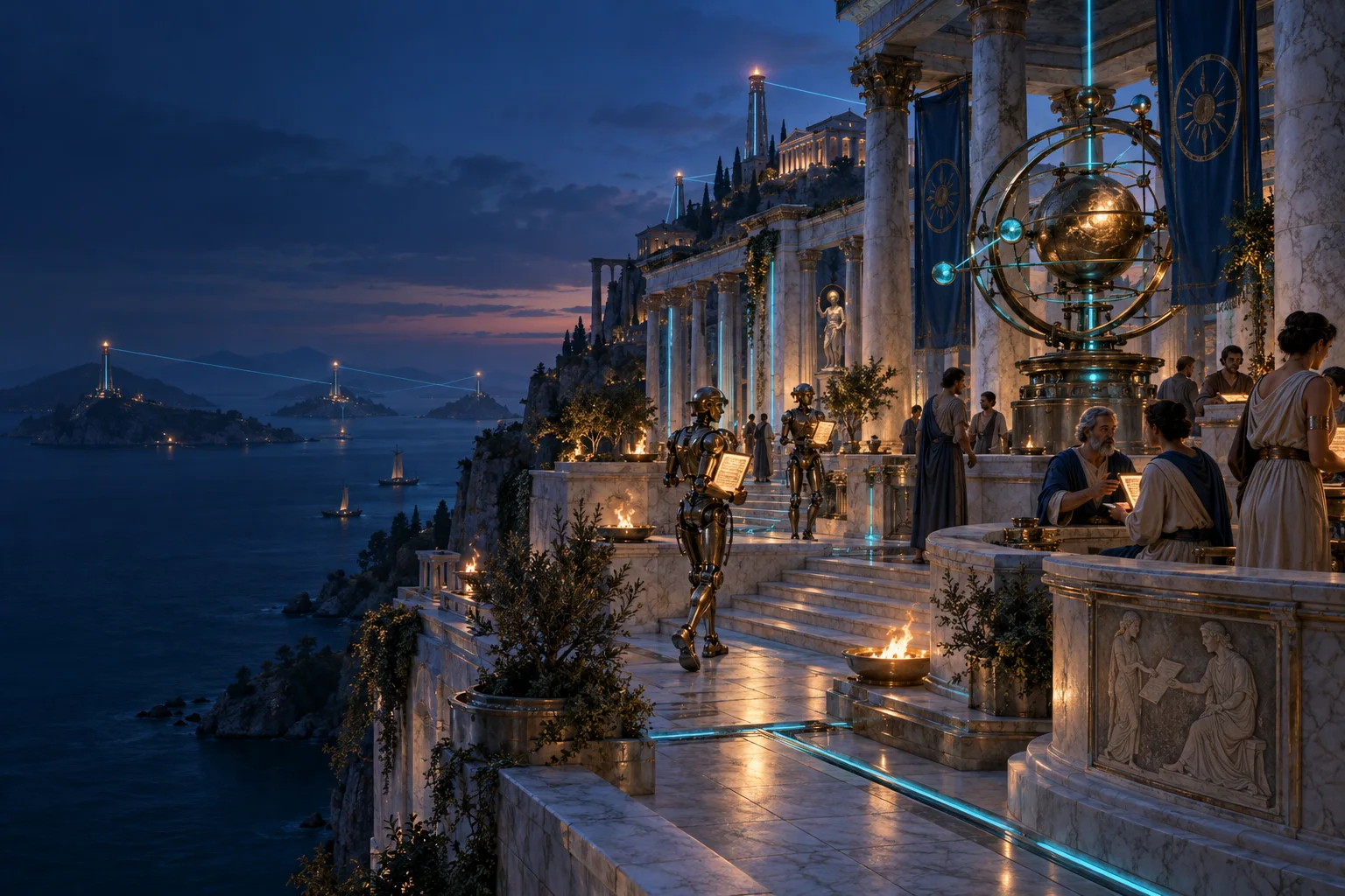 A blue-hour marble agora where bronze couriers carry glowing messages between island beacons